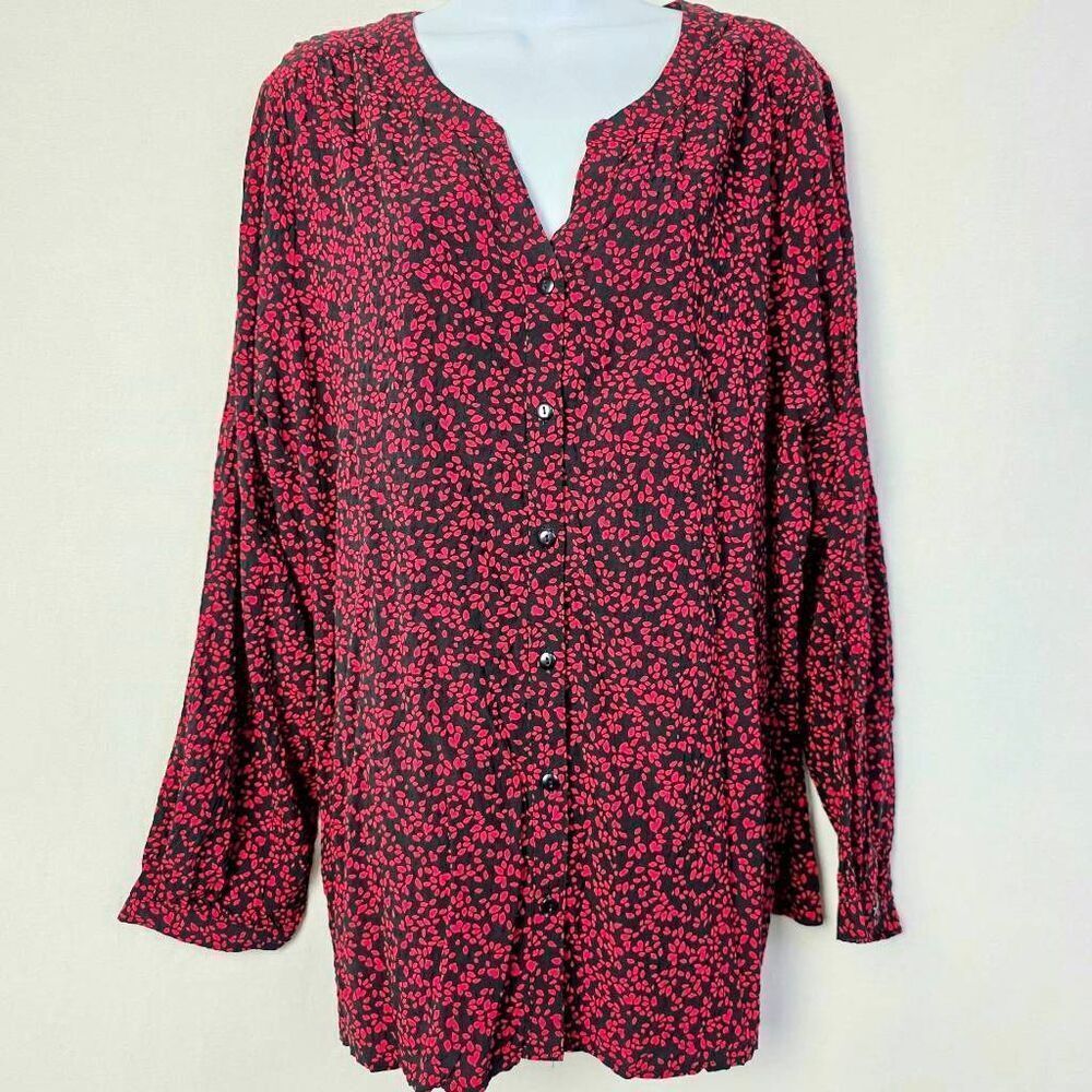 CJ Banks Black Red Floral Button Front Blouse 2X